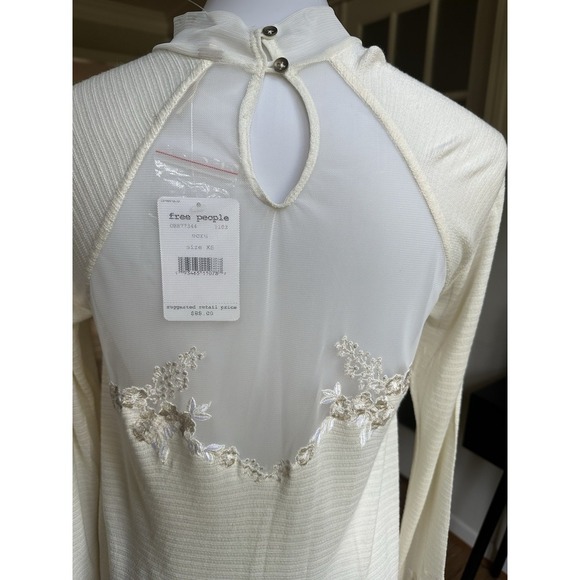 Free People Ivory Ecru Lace Mesh Floral Long Sleeve Tunic Top Blouse Sz Xs Boho - Picture 9 of 11